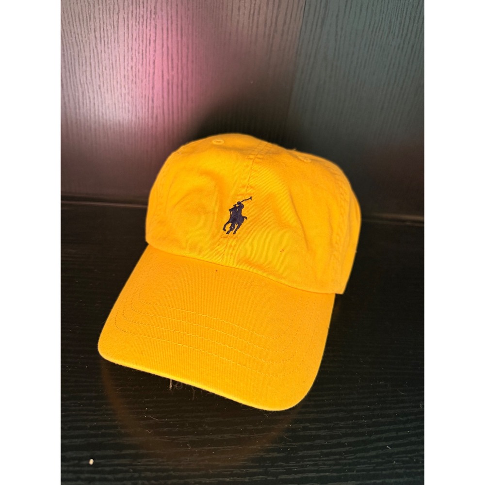 Polo Ralph Lauren Mens Yellow Cotton Chino Baseball Cap Navy Blue Pony Logo Hat